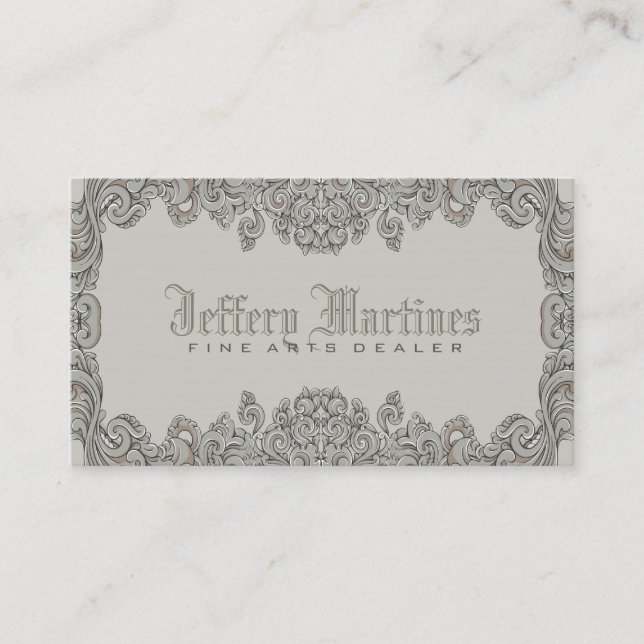 Elegant Grey Ornate Victorian Swirls Frame Business Card (Front)