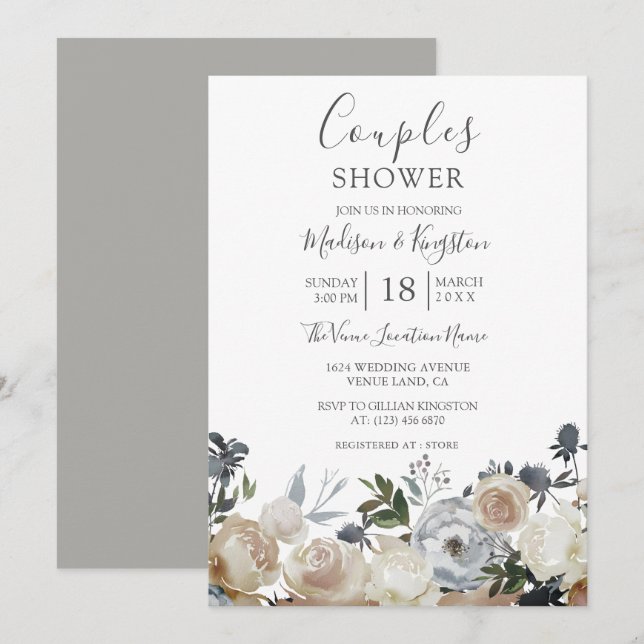 Elegant Grey & Peach Couples Shower Invite (Front/Back)