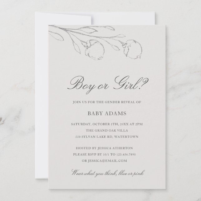 Elegant Grey Pencil Sketch Flowers Gender Reveal Invitation (Front)