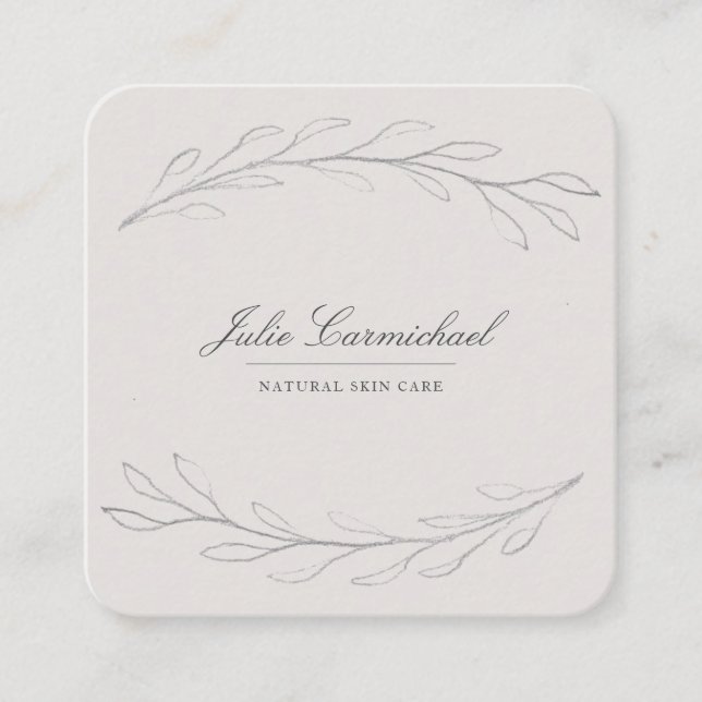 Elegant Grey Pencil Sketched Branches Square Business Card (Front)