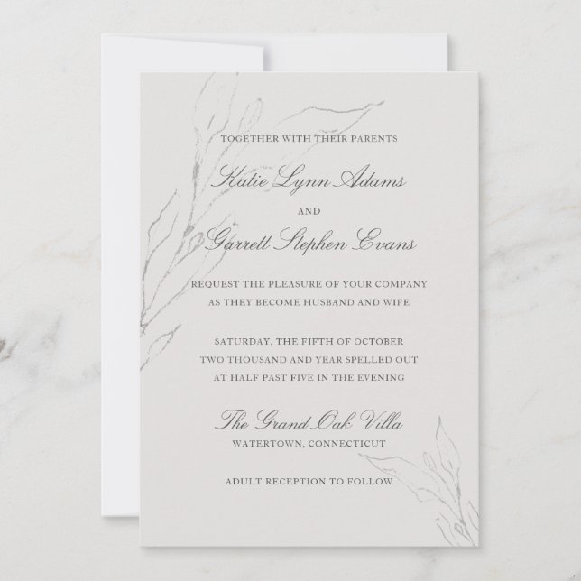 Elegant Grey Pencil Sketched Leaves Wedding Invitation (Front)