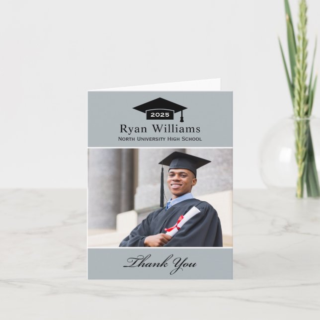 Elegant Grey Personalised Graduation Photo Thank You Card (Front)