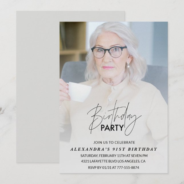 Elegant Grey Photo 91st birthday party Invitation (Front/Back)