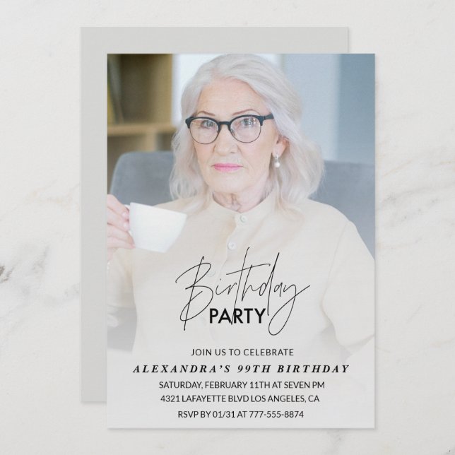Elegant Grey Photo 99th birthday party Invitation (Front/Back)
