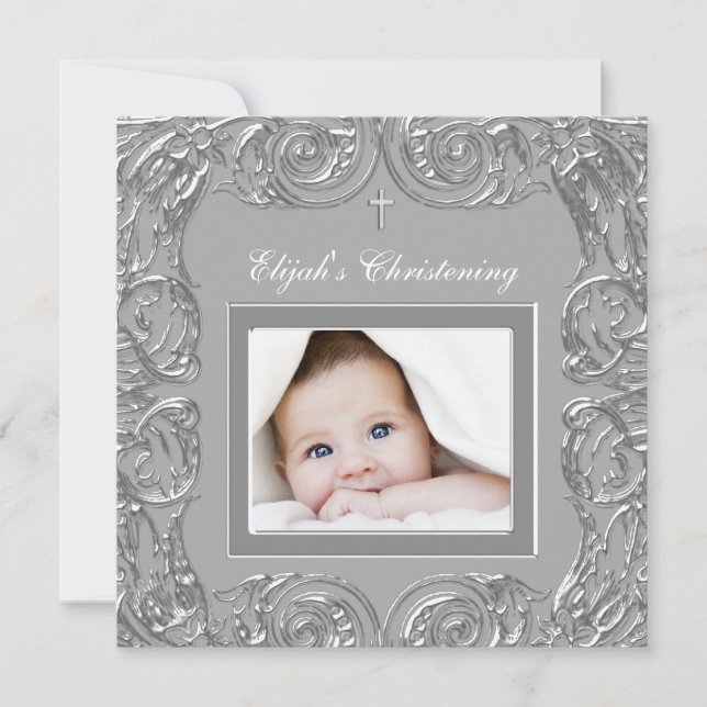Elegant Grey Photo Christening Invitations (Front)