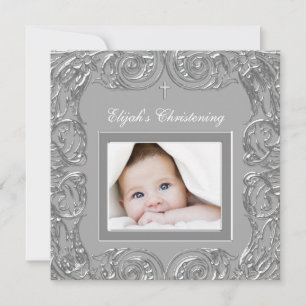 Elegant Grey Photo Christening Invitations