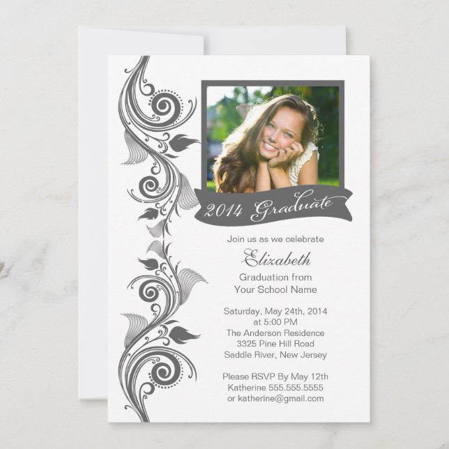 Elegant Grey Photo Graduation Party Invitation (Front)