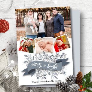 Elegant Grey Pine Bough Ribbon Modern Script Photo Holiday Card