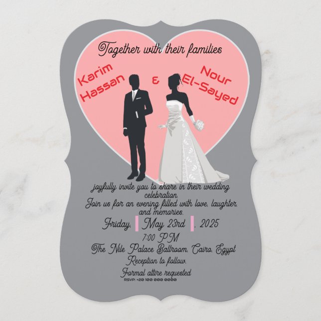 Elegant Grey Pink Heart Bride Groom Invitation (Front)