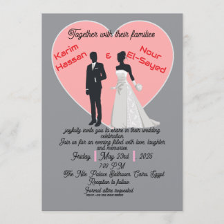 Elegant Grey Pink Heart Bride Groom Invitation
