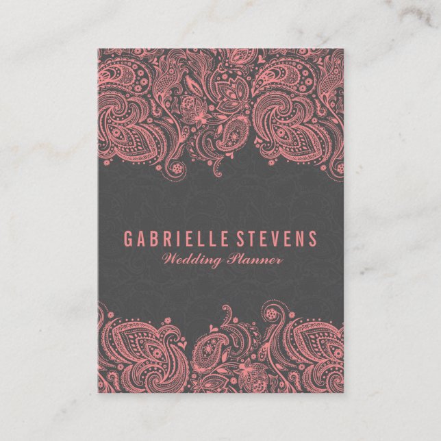 Elegant Grey & Pink Paisley Lace Wedding Planner Business Card (Front)