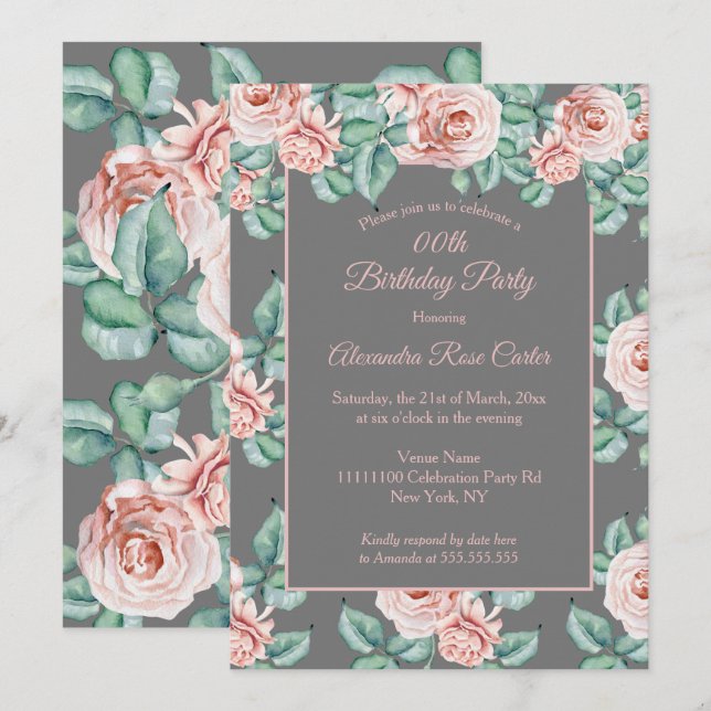 Elegant grey Pink rose floral Birthday Party Invitation (Front/Back)