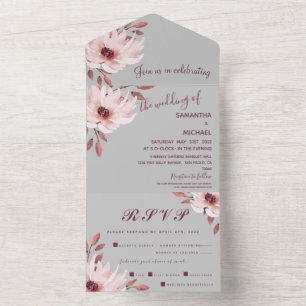Elegant Grey Pink Rusty Watercolor Floral Wedding All In One Invitation