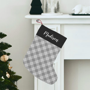Elegant Grey Plaid Personalised Small Christmas Stocking