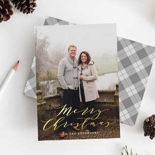 Elegant Grey Plaid Photo Foil Holiday Card