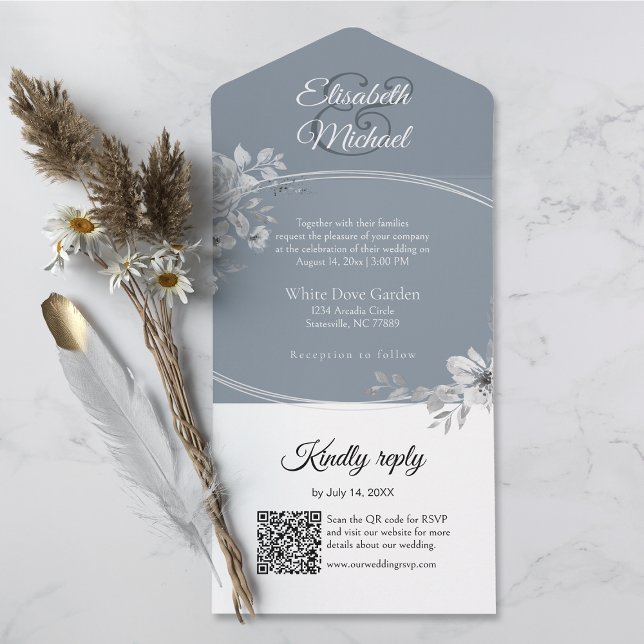 Elegant Grey QR Code Monogram Wedding RSVP All In One Invitation (All-in-one wedding invitation with QR code to RSVP - Simplify and save time for you and your guests.)