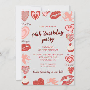 Elegant Grey Red Hearts 36th birthday invitations 