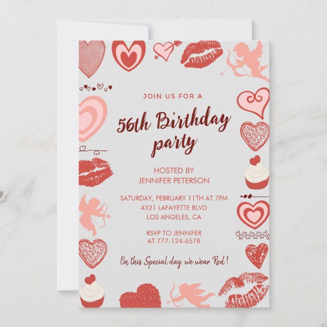 Elegant Grey Red Hearts 56th birthday invitations  (Front)