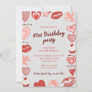 Elegant Grey Red Hearts 81st birthday invitations 
