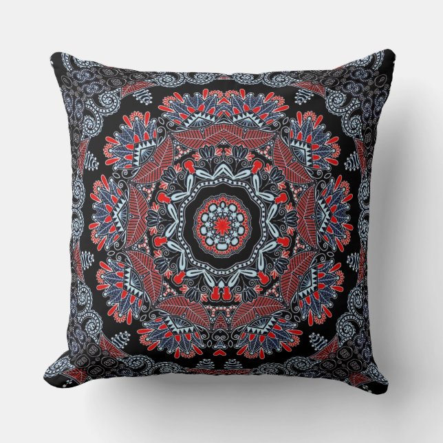 Elegant Grey & Red Mandala Throw Pillow (Front)