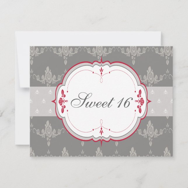 Elegant Grey & Red Roses Sweet 16 Invitation (Front)