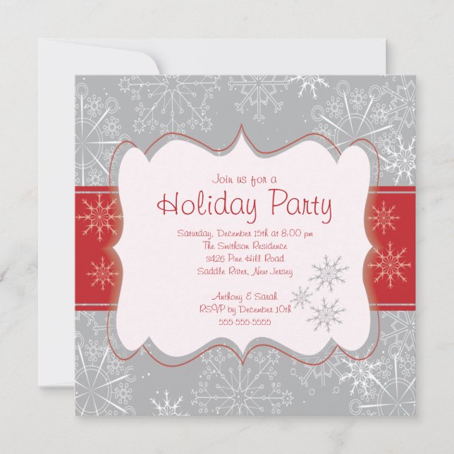 Elegant Grey & Red Snowflakes Holiday Party Invitation (Front)
