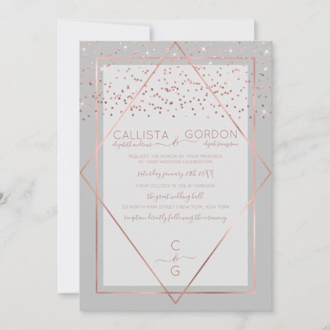 Elegant Grey Rose Gold Confetti Geo Border Wedding Invitation (Front)