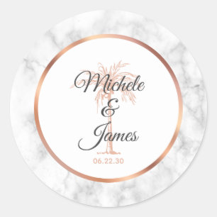 Elegant Grey Rose Gold Palm Tree Marble Wedding Classic Round Sticker
