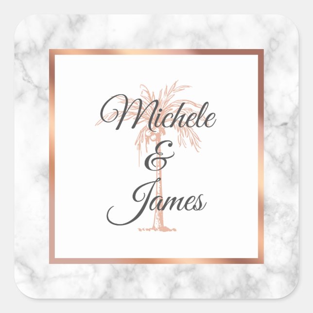 Elegant Grey Rose Gold Palm Tree Marble Wedding Square Sticker (Front)