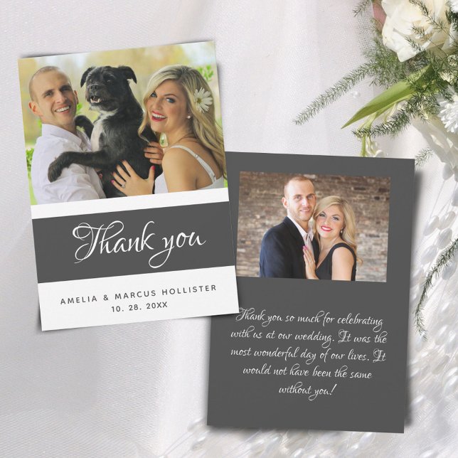 Elegant Grey Script 2 Photo Wedding  Thank You Card (Creator Uploaded)