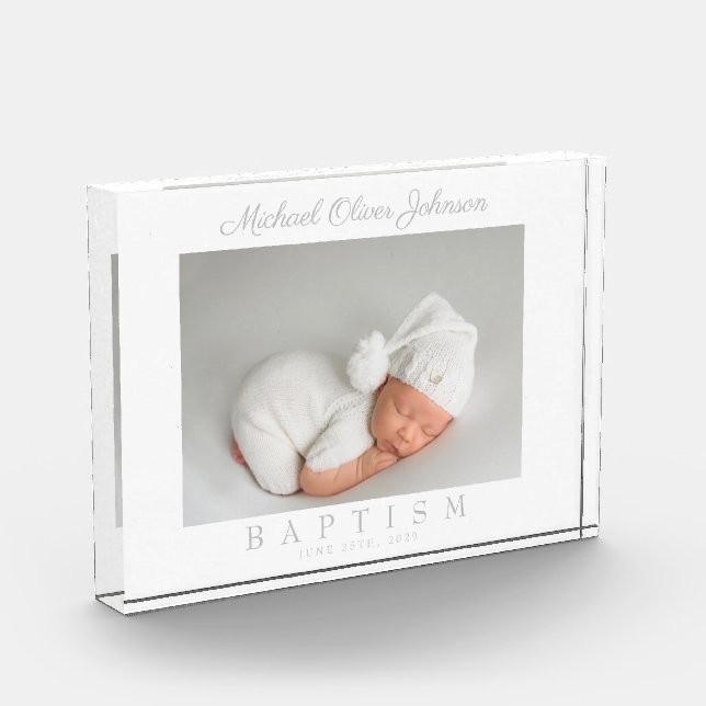 Elegant Grey Script Baptism Photo Block (Left)