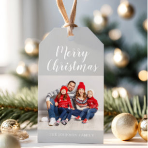 Elegant Grey Script Christmas Photo Gift Tags