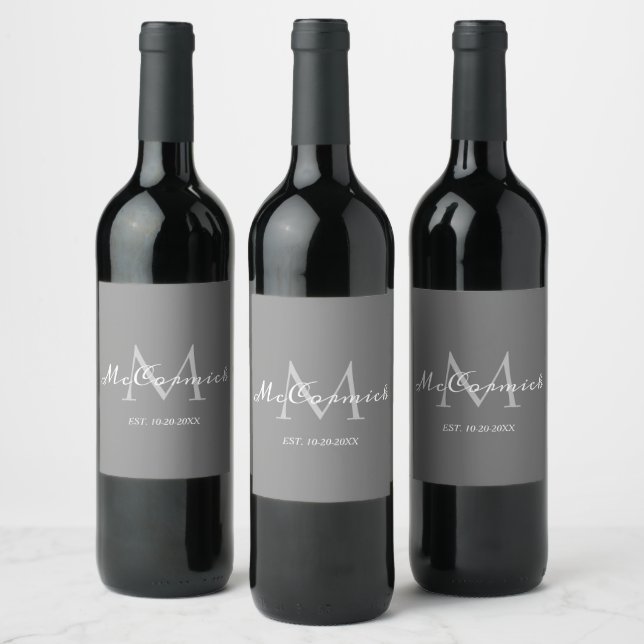 Elegant Grey Script Family Monogram Name Wine Label (Bottles)