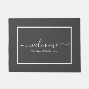 Elegant grey script family name welcome doormat