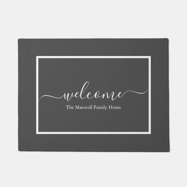 Elegant grey script family name welcome doormat (Front)