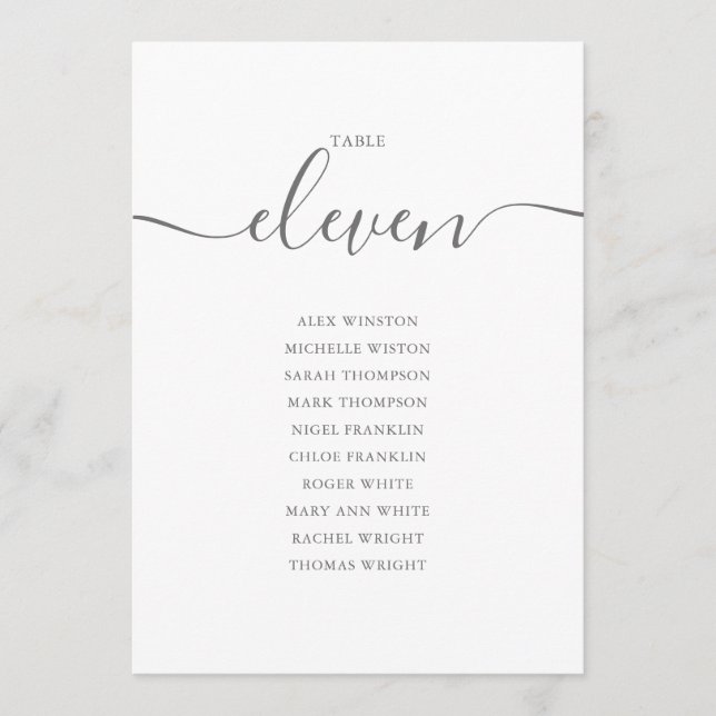 Elegant Grey Script Table Number 11 Seating Chart (Front)