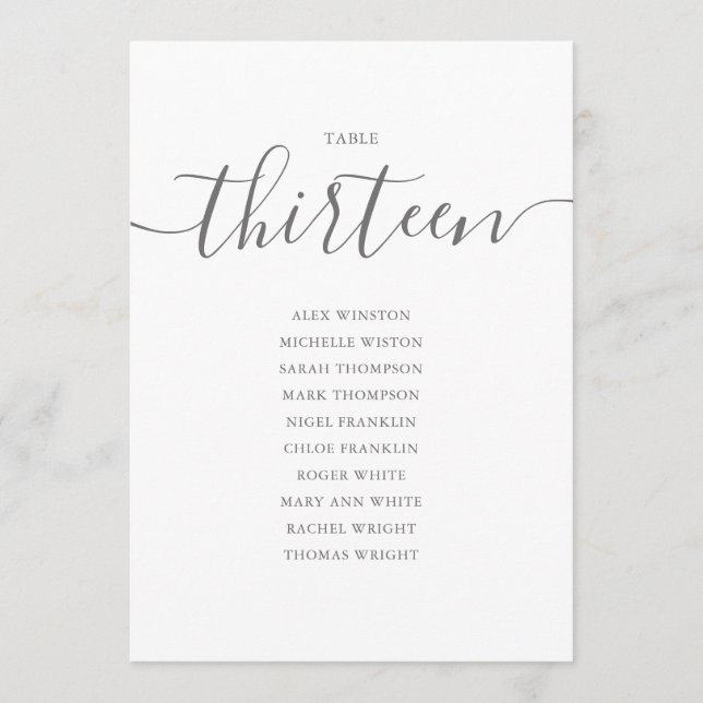 Elegant Grey Script Table Number 13 Seating Chart (Front)