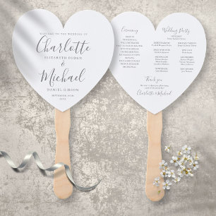 Elegant Grey Script Wedding Program Heart Hand Fan