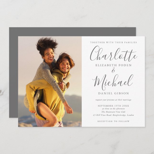Elegant Grey Signature Script Photo Wedding Invitation (Front/Back)