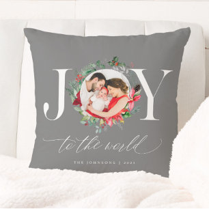 Elegant Grey Silver Christmas Wreath Joy Cushion