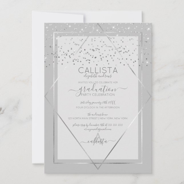 Elegant Grey Silver Confetti Border Graduation Invitation (Front)