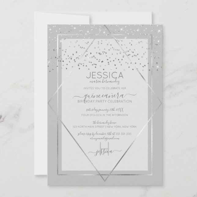 Elegant Grey Silver Confetti Border Quinceañera Invitation (Front)
