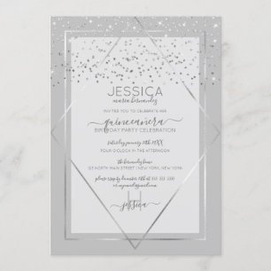 Elegant Grey Silver Confetti Border Quinceañera Invitation