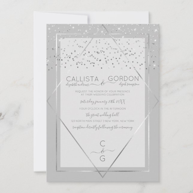 Elegant Grey Silver Confetti Geo Border Wedding Invitation (Front)