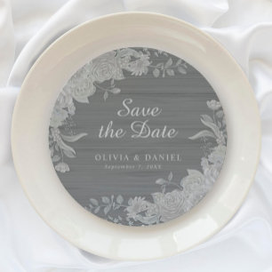 Elegant Grey Silver Floral Save the Date Wedding  Round Paper Coaster