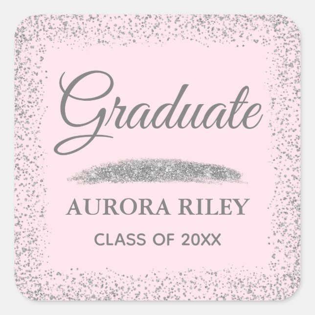 Elegant Grey Silver Glitter Blush Pink Graduation Square Sticker (Front)