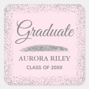 Elegant Grey Silver Glitter Blush Pink Graduation Square Sticker