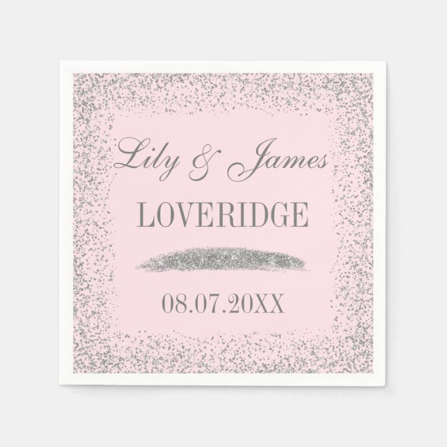 Elegant Grey Silver Glitter & Blush Pink Wedding Napkin (Front)