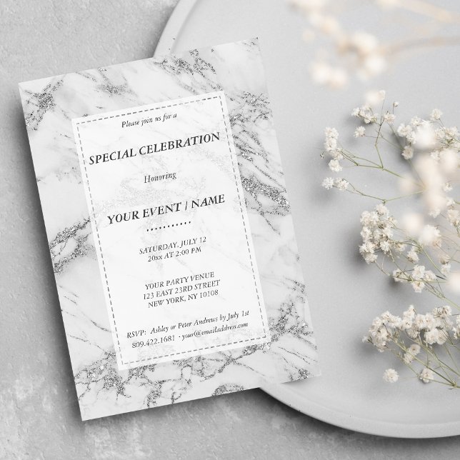 Elegant grey silver glitter marble Event Invitation (Elegant gray silver glitter marble Event)