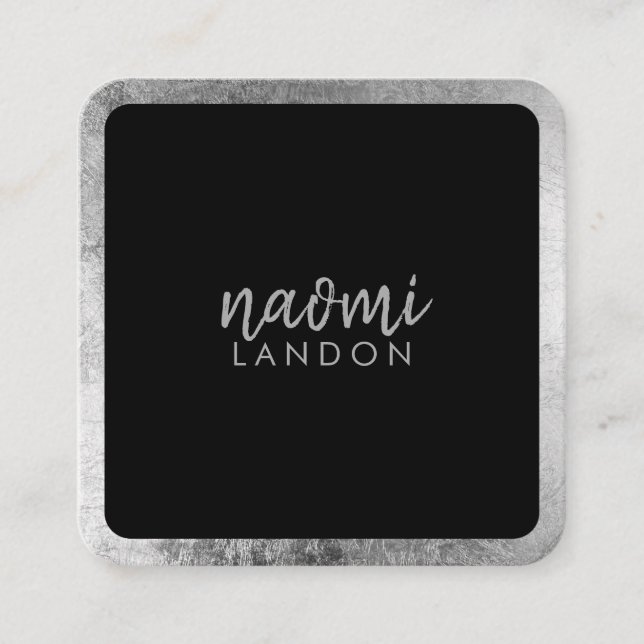 Elegant grey silver modern square minimalist black square business card (Front)
